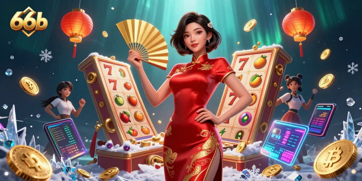 Engage in 66b's slot game excitement with a dynamic illustration of thrilling casino elements.