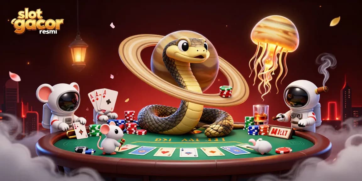 Experience the thrill of "slot gacor resmi" with a vibrant cosmic casino scene featuring characters and dramatic game elements.
