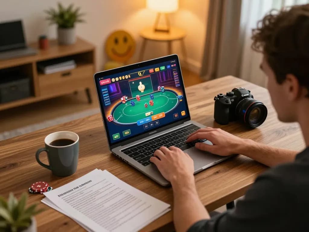 Player enjoying online poker at home, showcasing XX88 gaming interface and strategic notes.