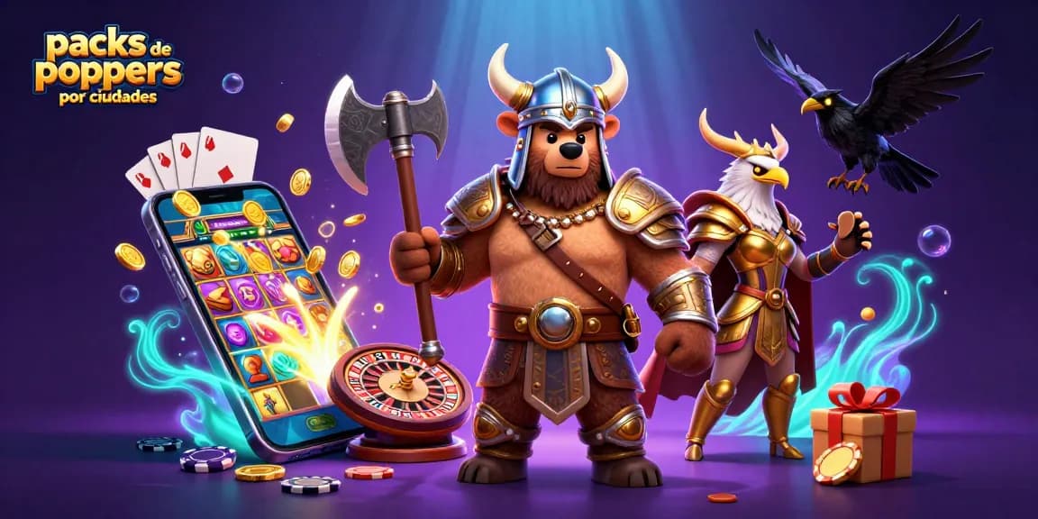 Packs de poppers por ciudades showcase with vibrant illustrations of characters and casino elements, engaging the viewer in an exciting gaming experience.