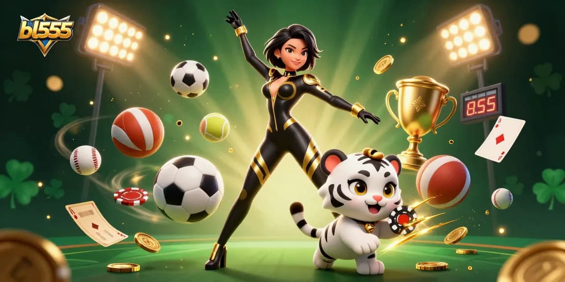 Experience thrilling gaming at bl555 with our dynamic casino illustration including sports elements.