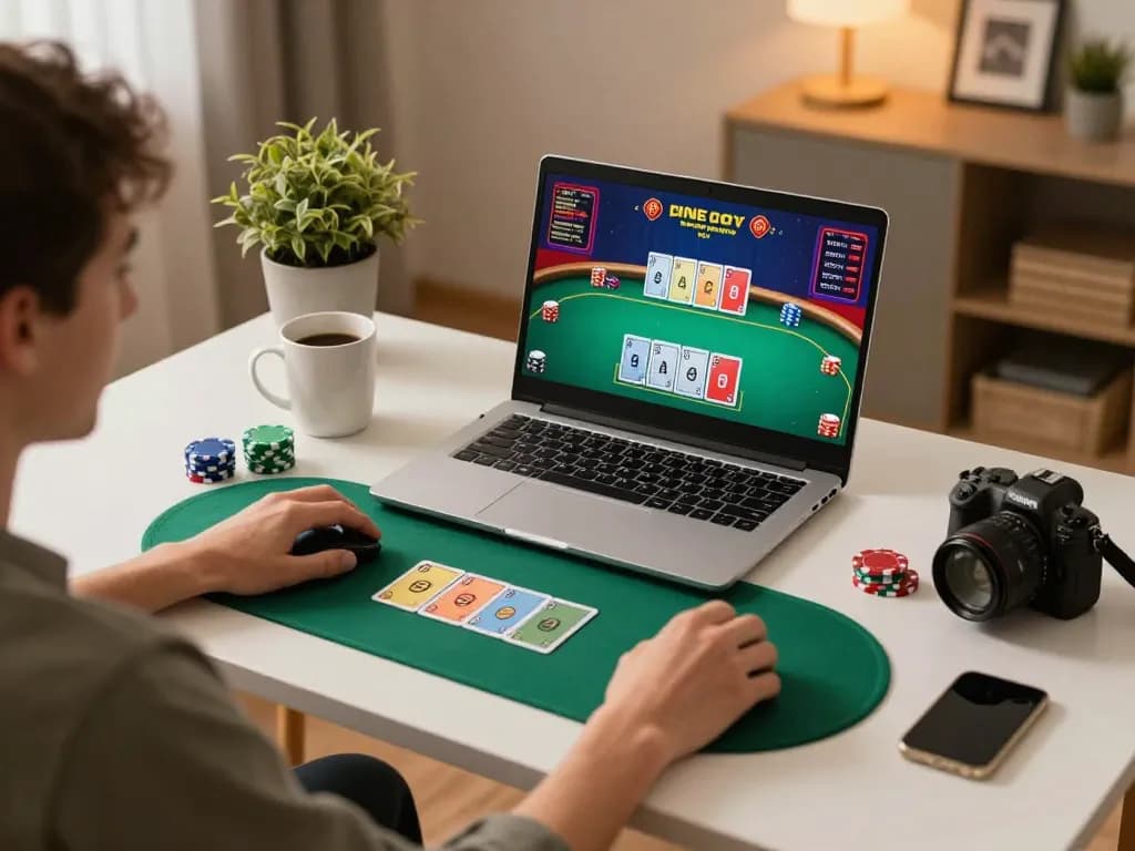 SweBee menunjukkan pemain yang terlibat di meja poker online langsung, gameplay dinamis dengan kartu dan chips yang fokus.
