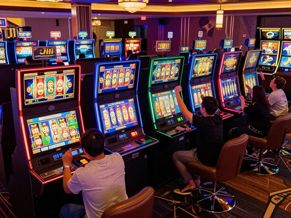 Engaged players enjoying Jili games at colorful slot machines with vibrant digital displays and ambient lighting.