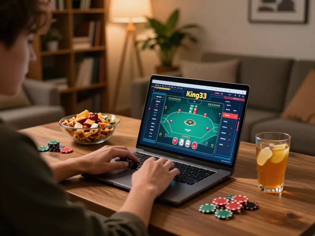 Player engaged in a strategic king33 game on a laptop at home, with snacks and cozy decor.