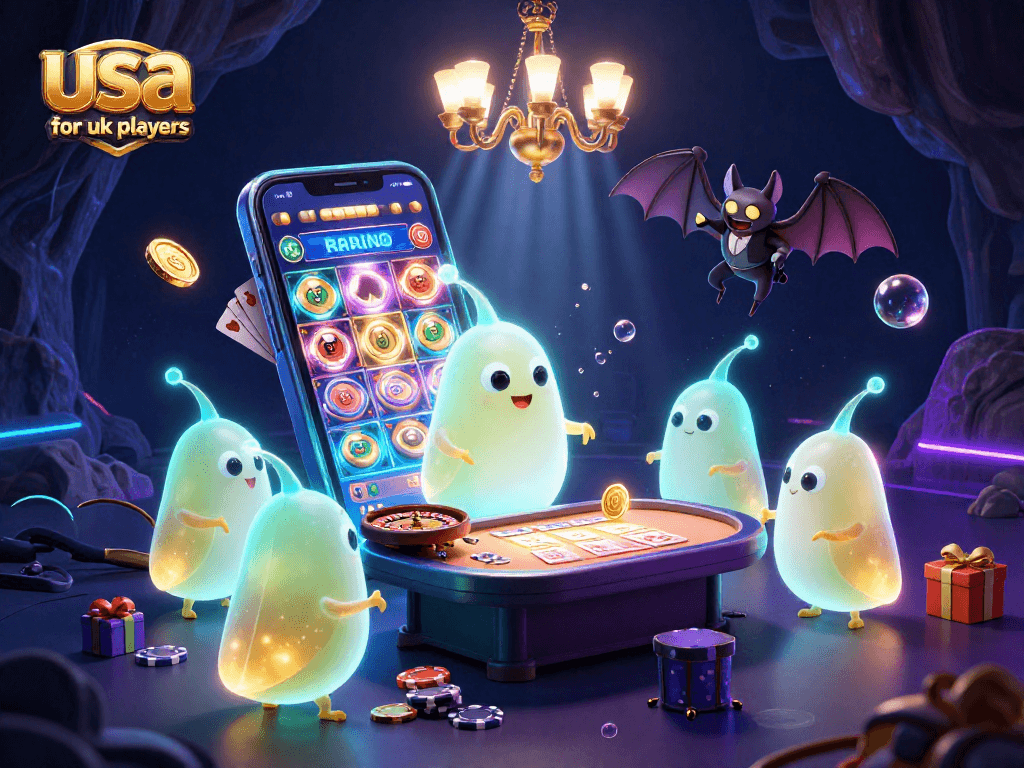 Exciting scene of glowworms illuminating a vibrant cave casino, showcasing usa casinos for uk players.
