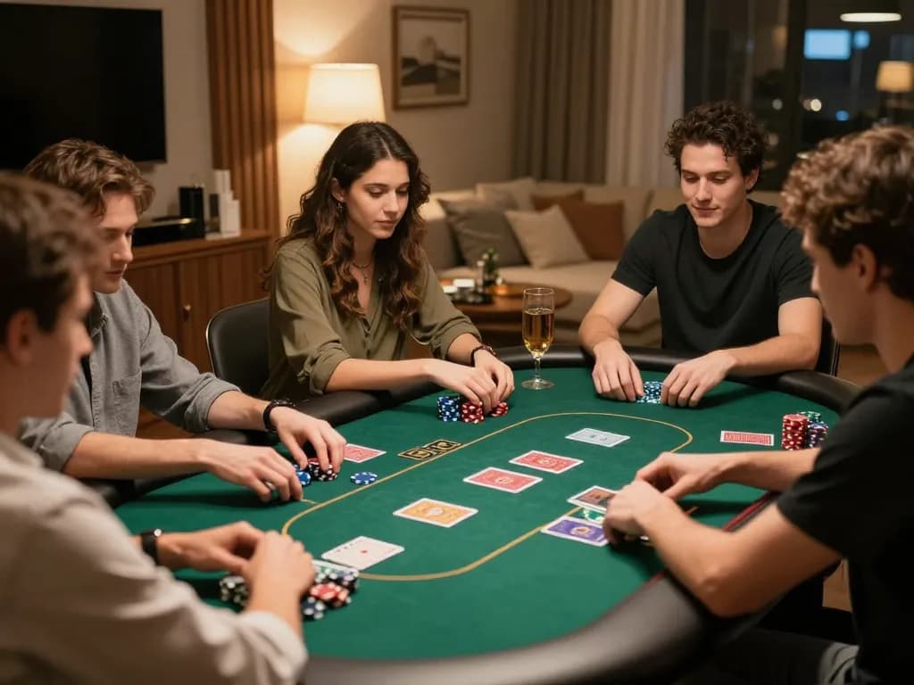 Engaged players enjoy poker in a sophisticated gaming room, showcasing strategic gameplay at win678 com.