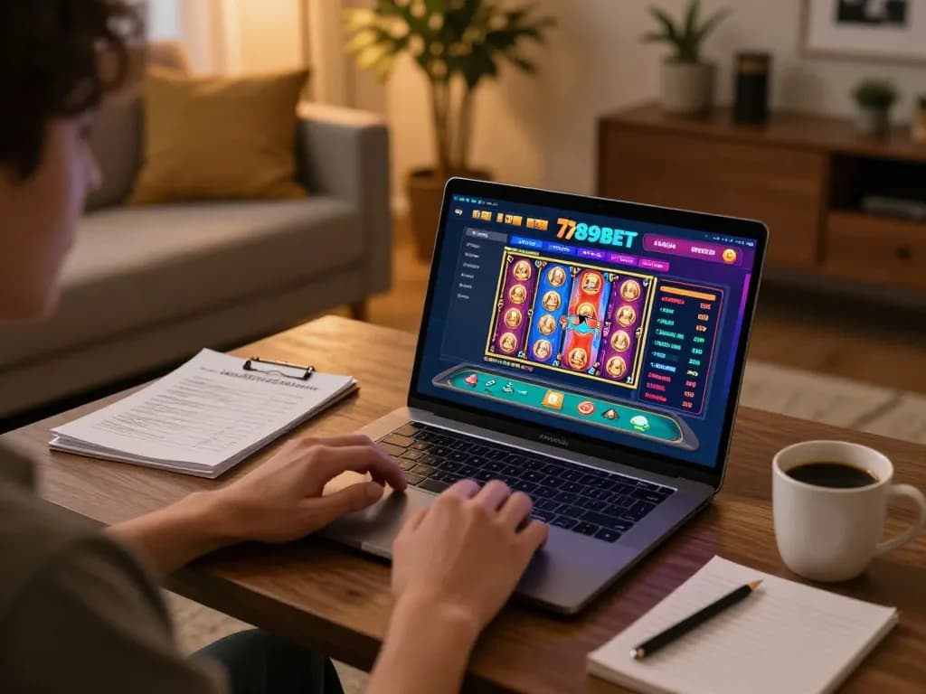Engaging online gaming experience at trang chủ 789bet with a player at the laptop enjoying a lively casino atmosphere.