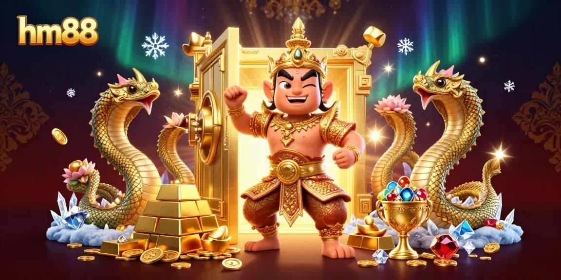 Players experience rewards at hm88 with a vibrant 3D scene of treasure and excitement in an online casino.