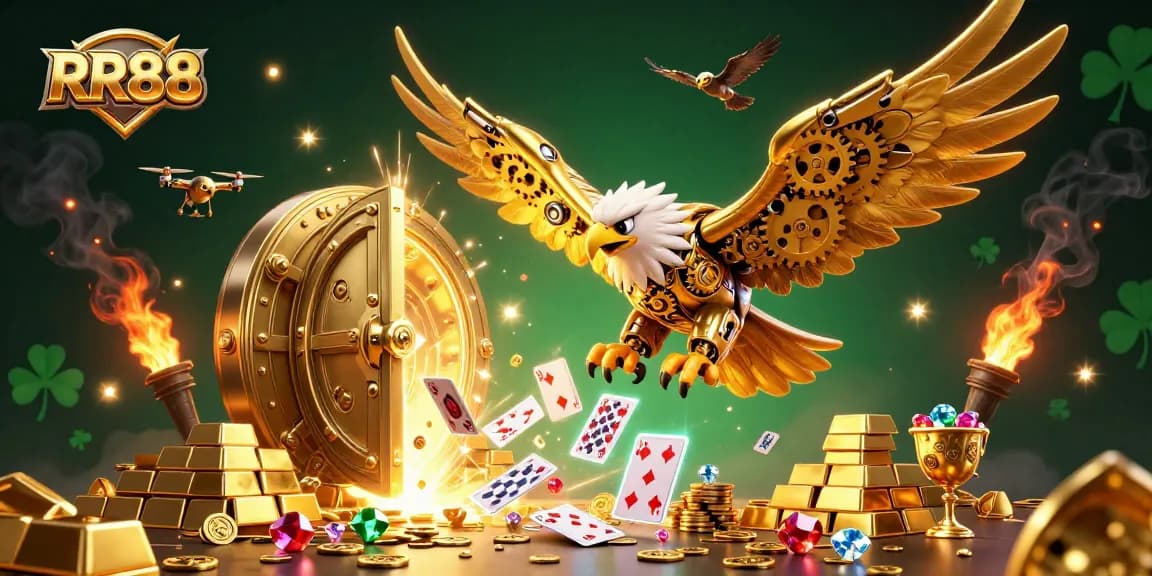 Experience winning moments at RR88 with a dynamic casino-themed illustration showcasing gold treasures and playing cards.