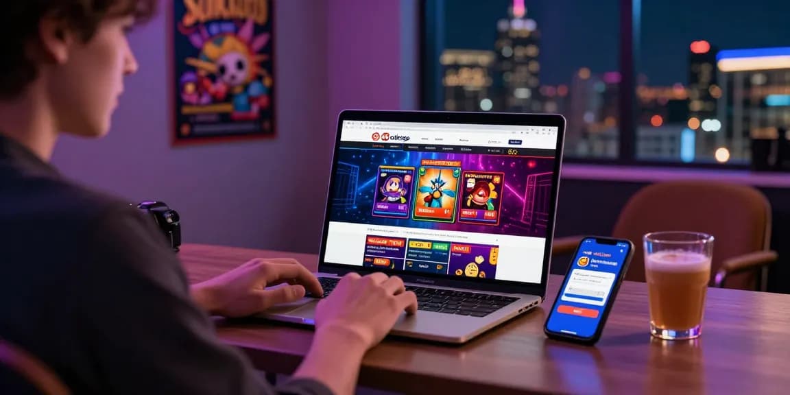 Engaging user exploring coloksgp link alternatif on a modern laptop with vibrant online gambling graphics