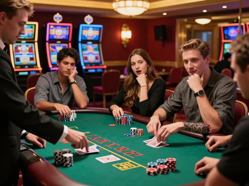 Players enjoying blackjack at a lively casino while strategizing their tg88 bets with professional dealer.