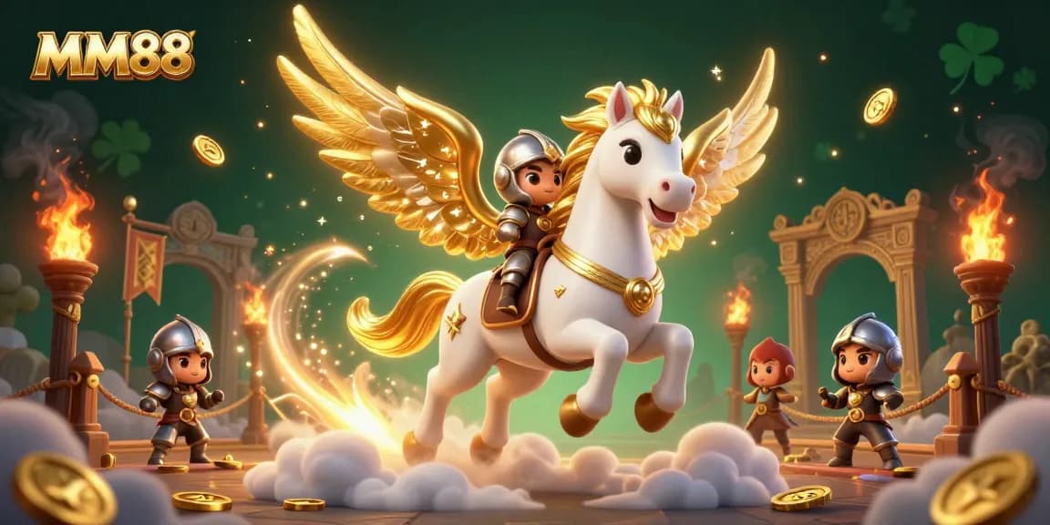 Experience thrilling gameplay at MM88 with a celestial horse and knight amidst vibrant casino elements.