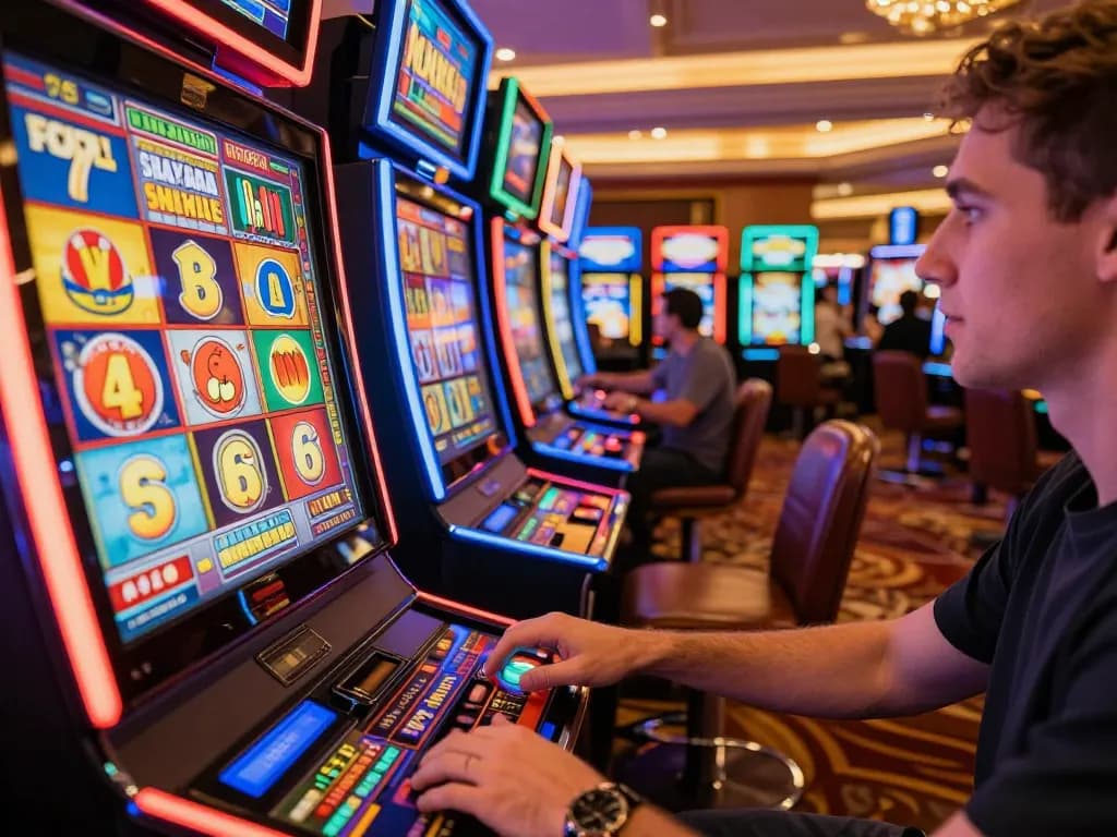 Engaged player hitting spin button on rik vip slot machine, colorful casino background, vibrant gambling atmosphere