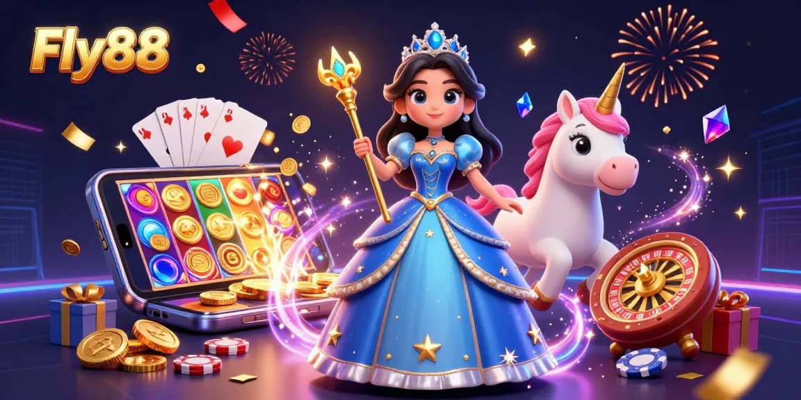 Experience excitement with Fly88's vibrant 3D casino scene featuring slot games and enchanting characters.
