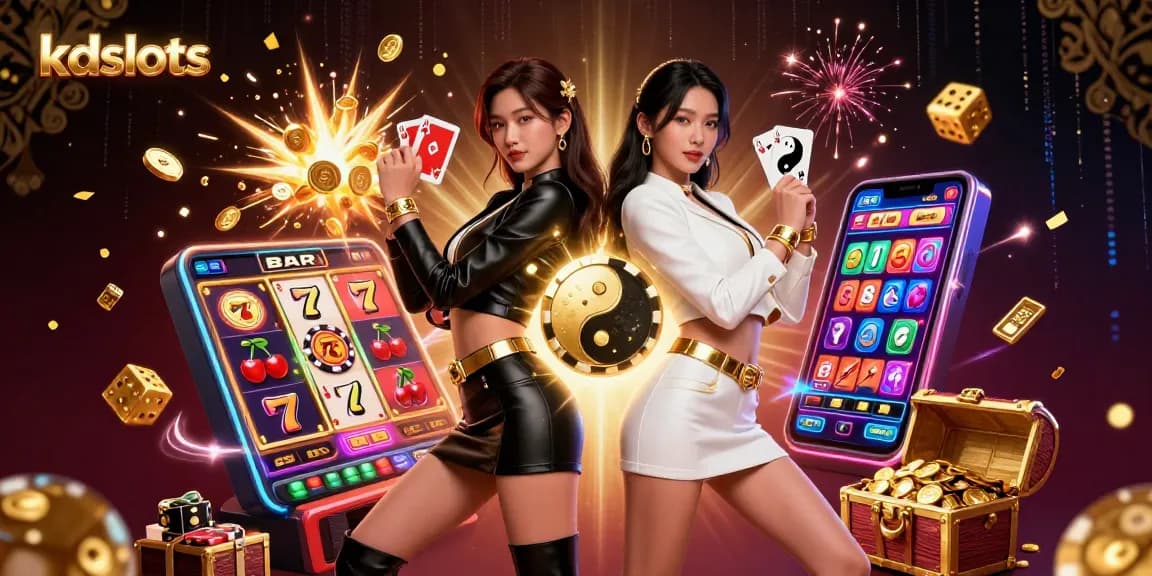 KDSlots showcases a vibrant scene with twin Asian women holding playing cards amidst jackpot symbols, representing thrilling slot action.