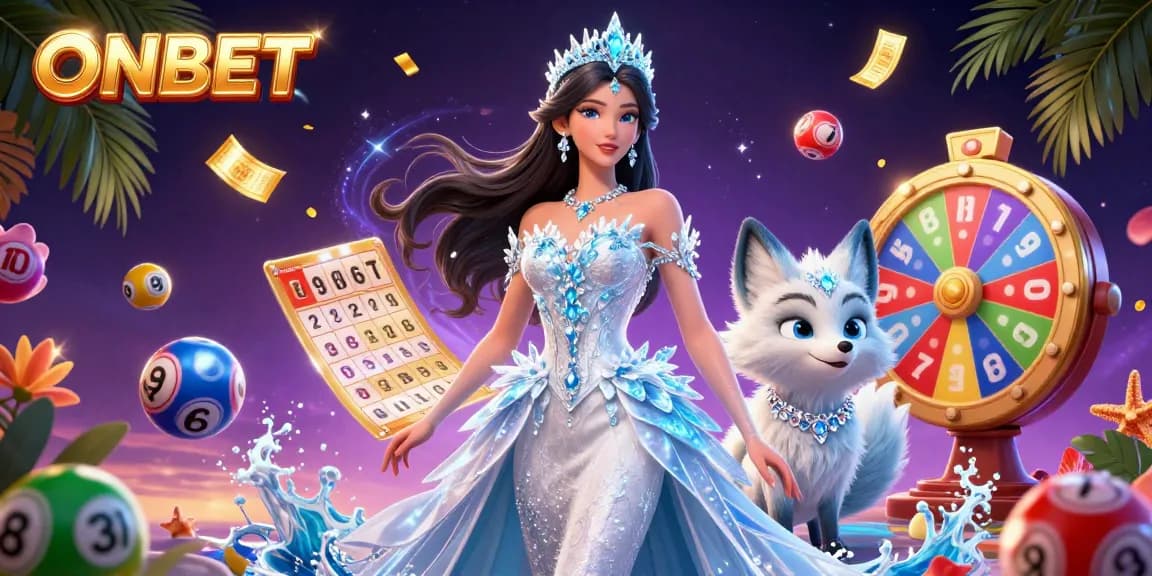 Join the exciting gaming journey with ONBET as a glamorous ice queen surrounded by vibrant lottery elements.