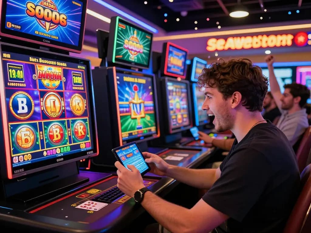 Player celebrating a win while gaming online at https://sc88e.com/ with colorful game graphics and a vibrant atmosphere.