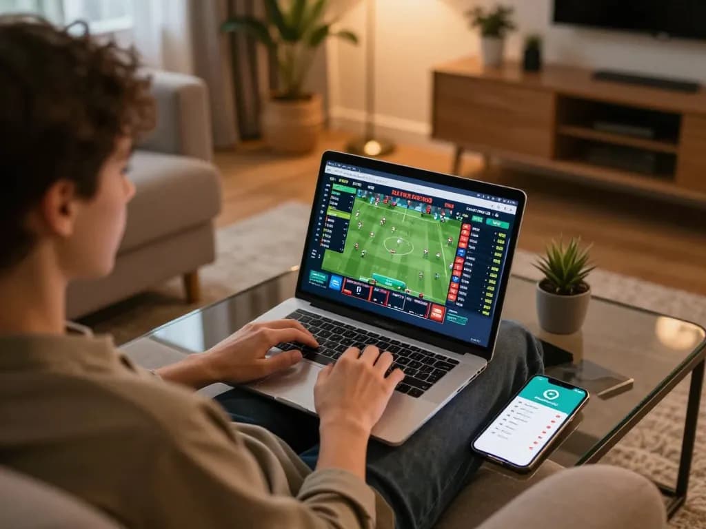 Engaging in live betting on keonhacai with a laptop, showcasing strategic sports betting.