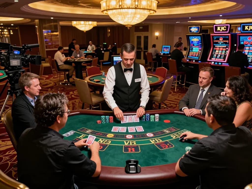 KJC blackjack players strategizing their next moves at an engaging casino table.