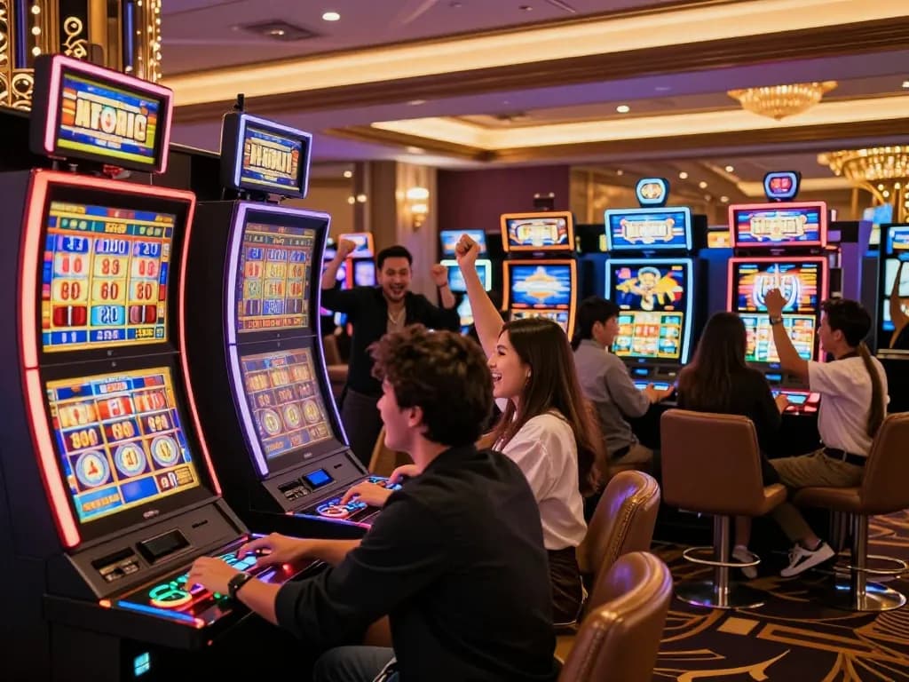 Players enjoying thrilling wins on 789 slot machines, celebrating excitement in vibrant casino atmosphere