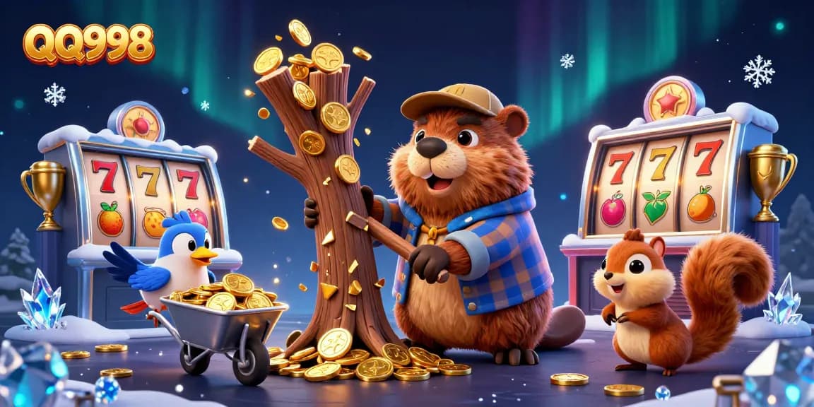 Experience thrilling gameplay with QQ998, featuring delightful animated characters amidst golden slot machine excitement.