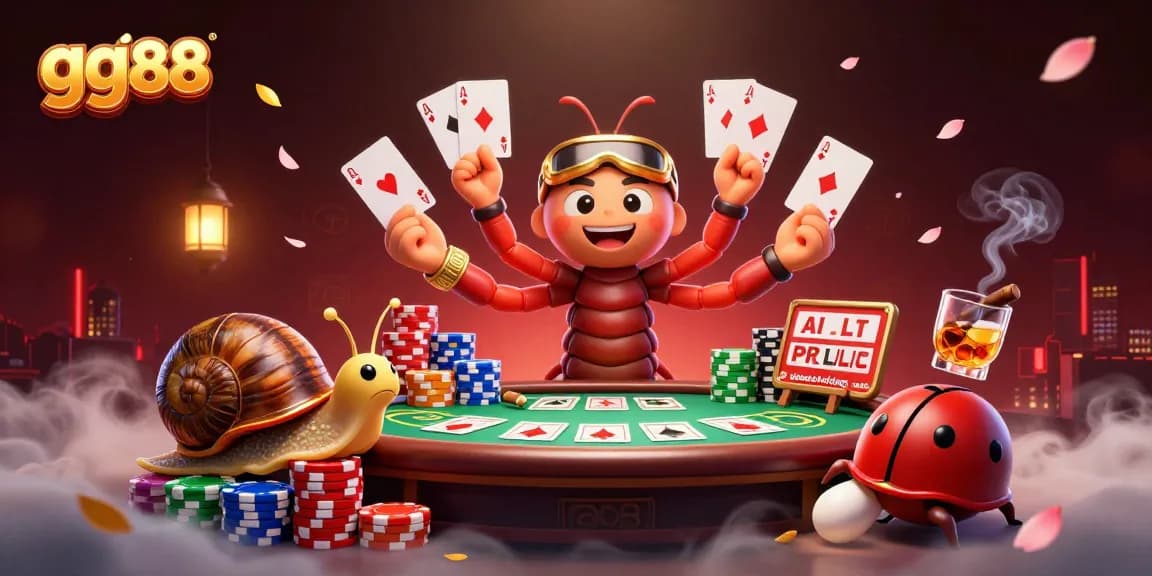 Engage in thrilling poker action at gg88 with a vibrant 3D illustration featuring unique casino characters.
