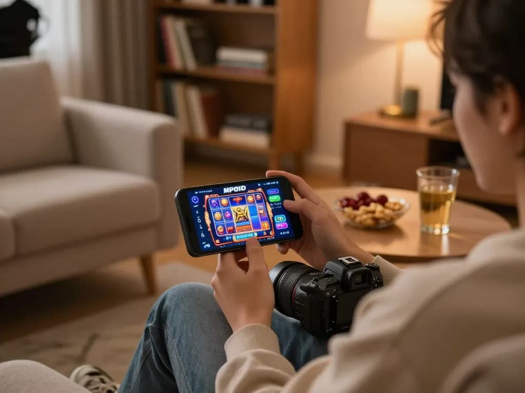 MPOID dynamic online gaming interface displayed on smartphone in cozy living room.
