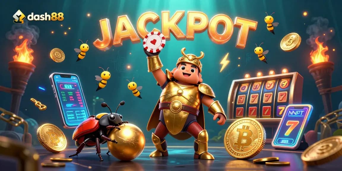Engage with dash88's vibrant slot games illustrated by a heroic beetle amidst glowing crypto elements.