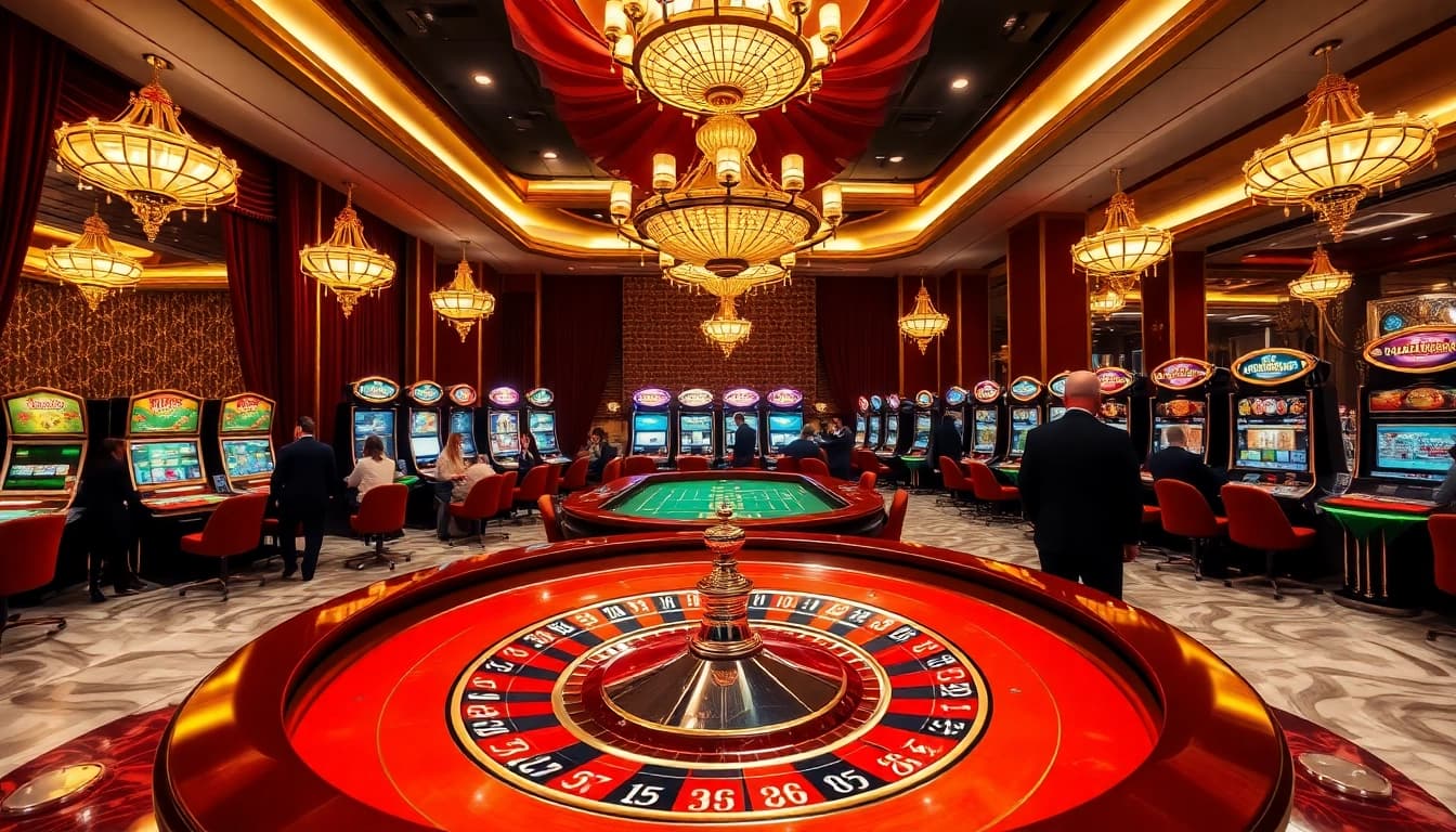 Exciting scene at rajaluck casino with players at a roulette table, showcasing luxury and vibrant gaming atmosphere.