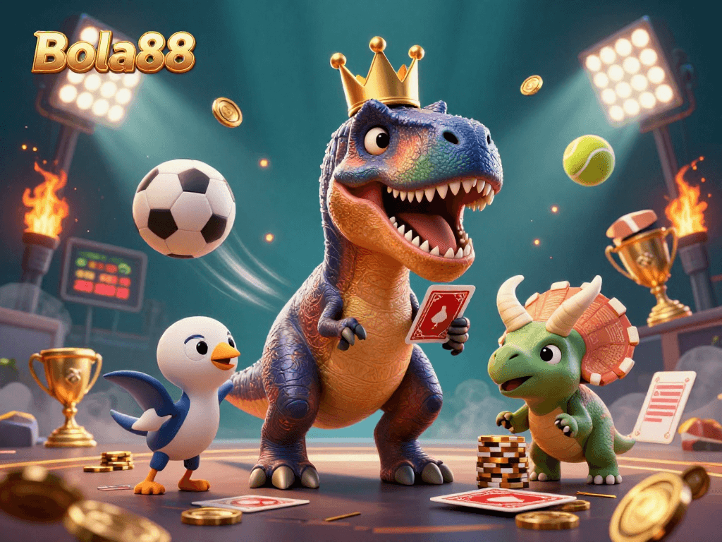 Bola88 menghibur pemain dengan ilustrasi kartun yang menggambarkan T-Rex berseragam bermain kartu dalam suasana kasino yang meriah