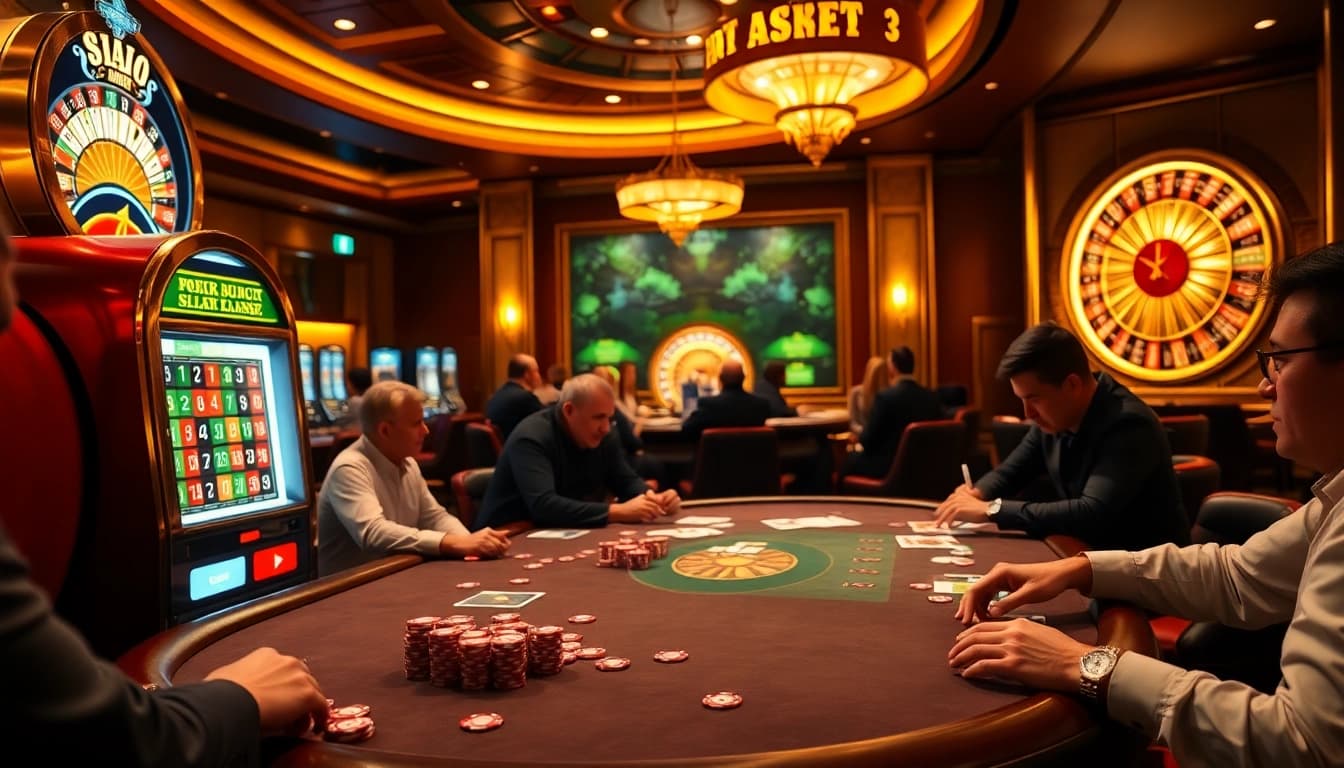 Players engage at a vibrant poker table in the luxurious thabet college casino setting.