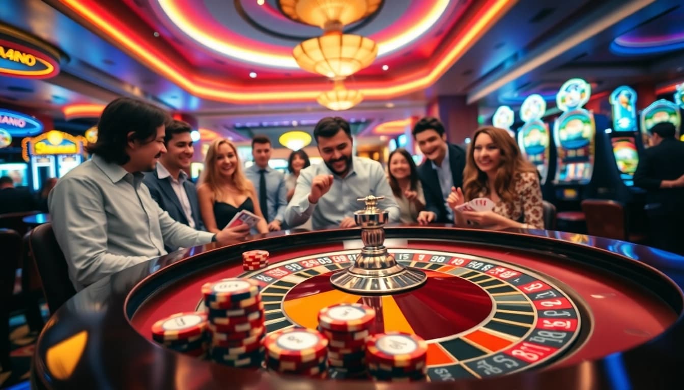Permainan kasino bbni4d dengan dealer yang berinteraksi di meja roulette.