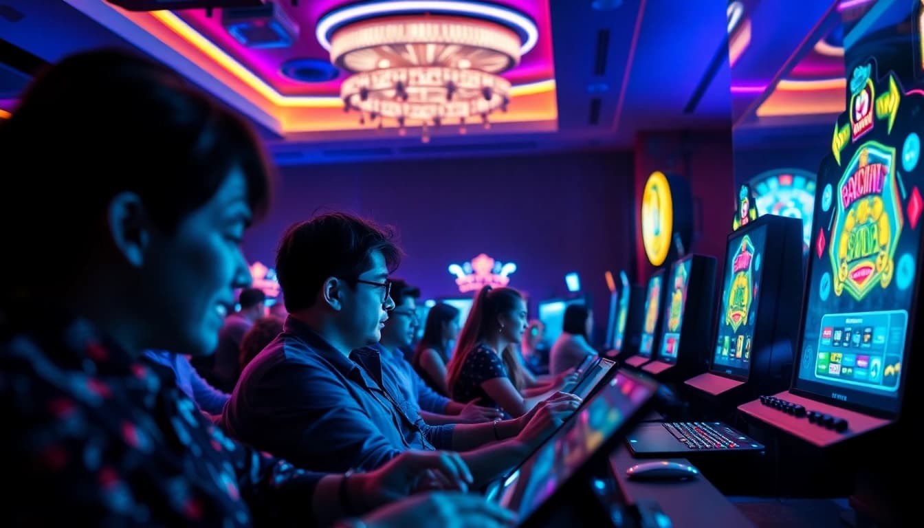 Spannende Spieler beim casino spielen online in einer lebhaften virtuellen Umgebung.