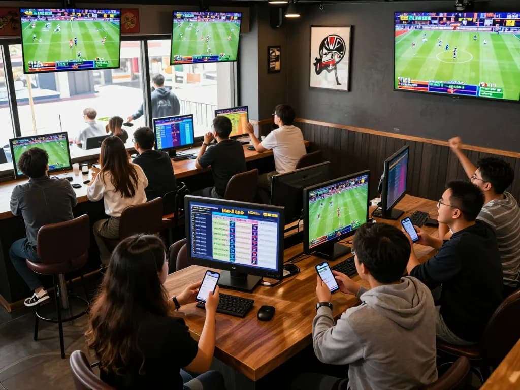 Fans placing live bets on bk8 app during a sports event at a trendy sports bar.