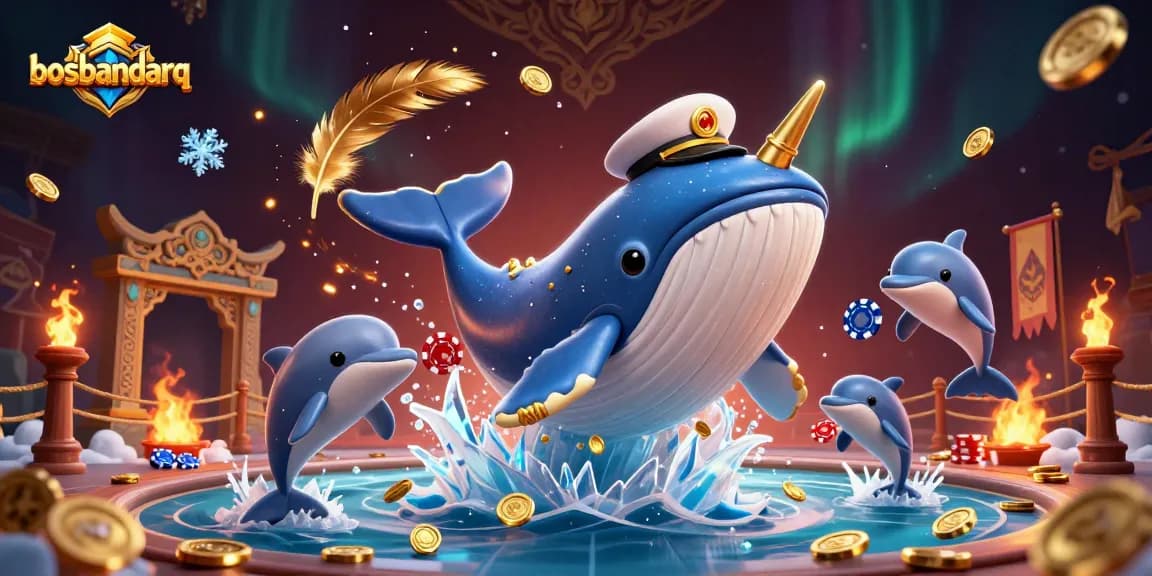 Experience engaging gameplay at bosbandarq with a whimsical whale and playful dolphins amid a treasure of poker chips.