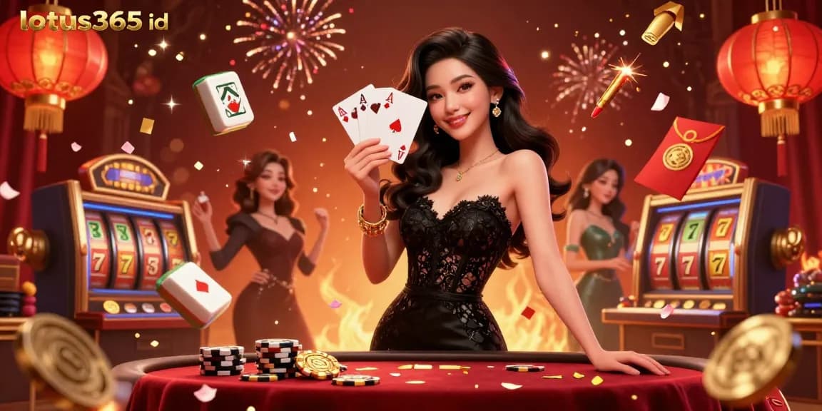 Experience the thrill of gaming with lotus365 id, as a sophisticated player holds her winning cards in a luxurious casino.