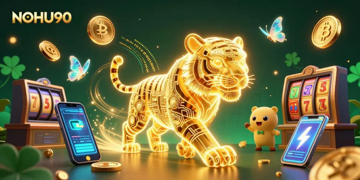 Engage with thrilling slots at NOHU90 featuring a vibrant golden tiger in a dynamic digital casino.