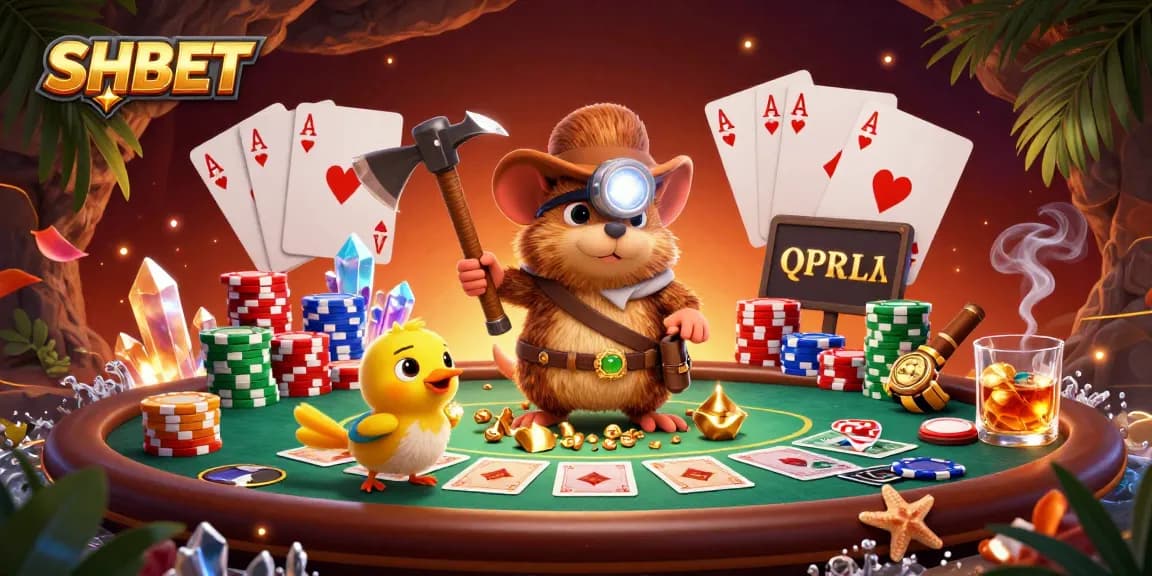 SHBET poker scene featuring a treasure hunter mole and canary amidst vibrant gaming elements