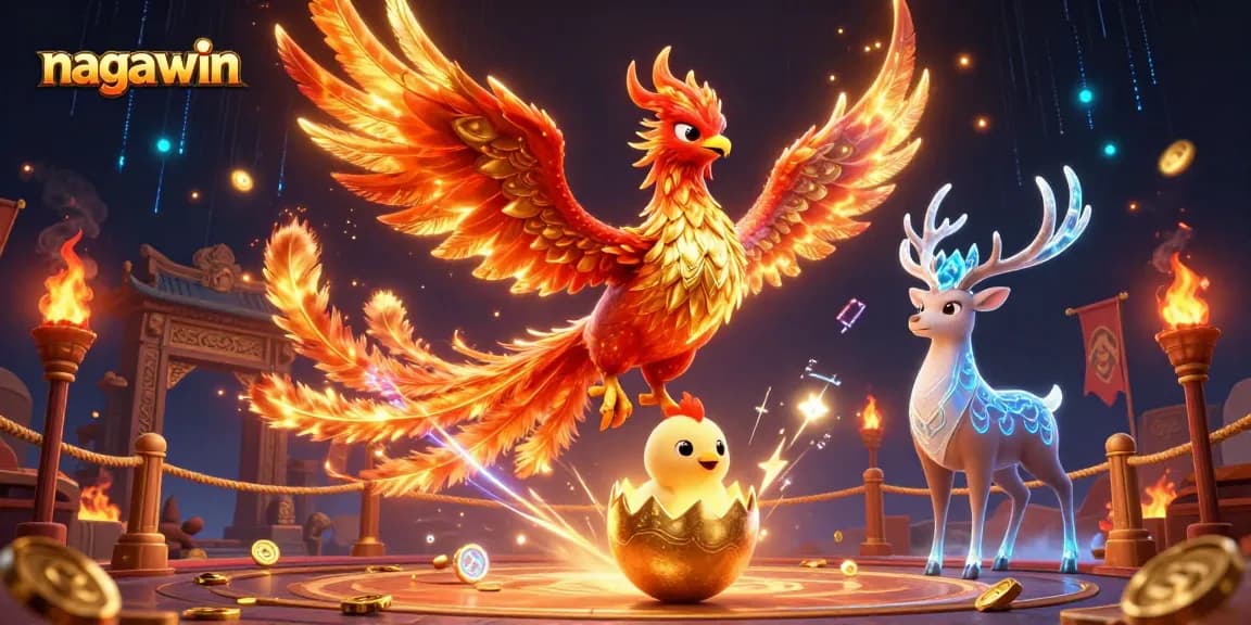 Experience thrilling gaming with nagawin, showcasing a blazing fire phoenix and dynamic casino elements.