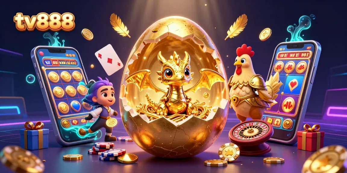 Join the excitement at tv888 with a golden baby dragon, poker chips, and mobile slot games!