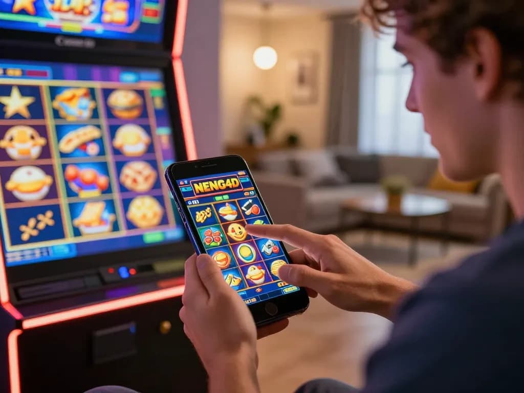 Player enjoying NENG4D slot on mobile device, showcasing excitement in a vibrant home atmosphere.