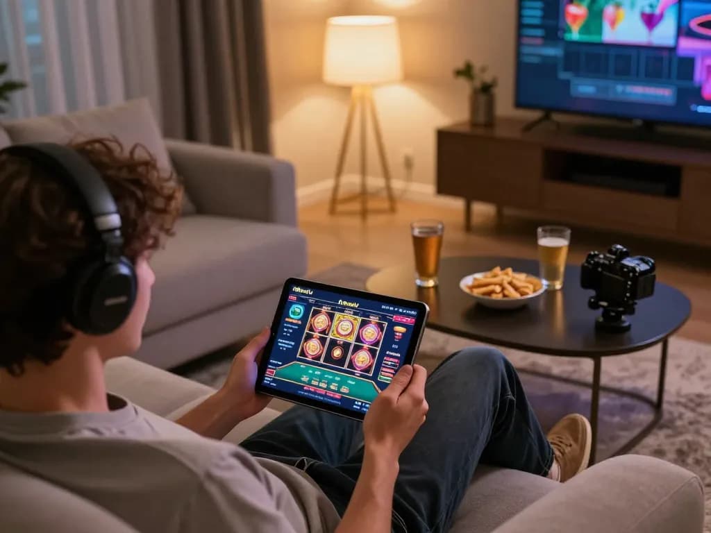 Engaged user playing on f8betlv's online casino platform from a cozy living room.