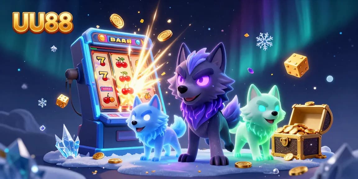 UU88 casino scene with vibrant slot machine explosion, ghostly wolves, and colorful game elements.