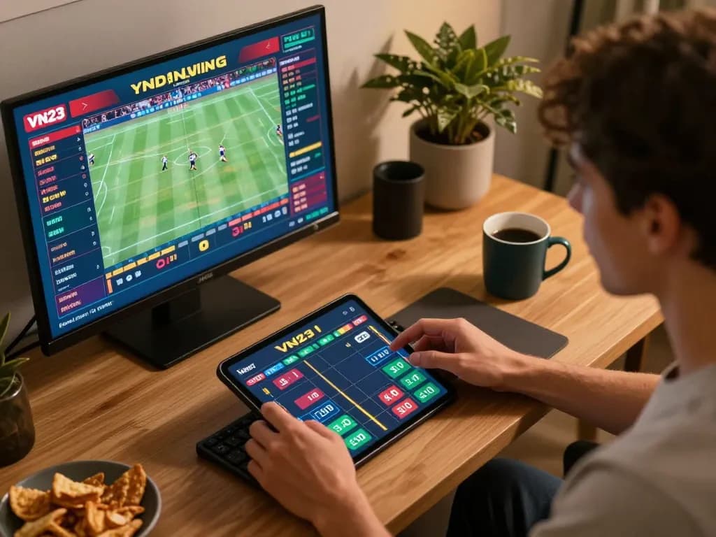 Engaging in live sports betting on VN23 app, showcasing modern lifestyle and interactive elements