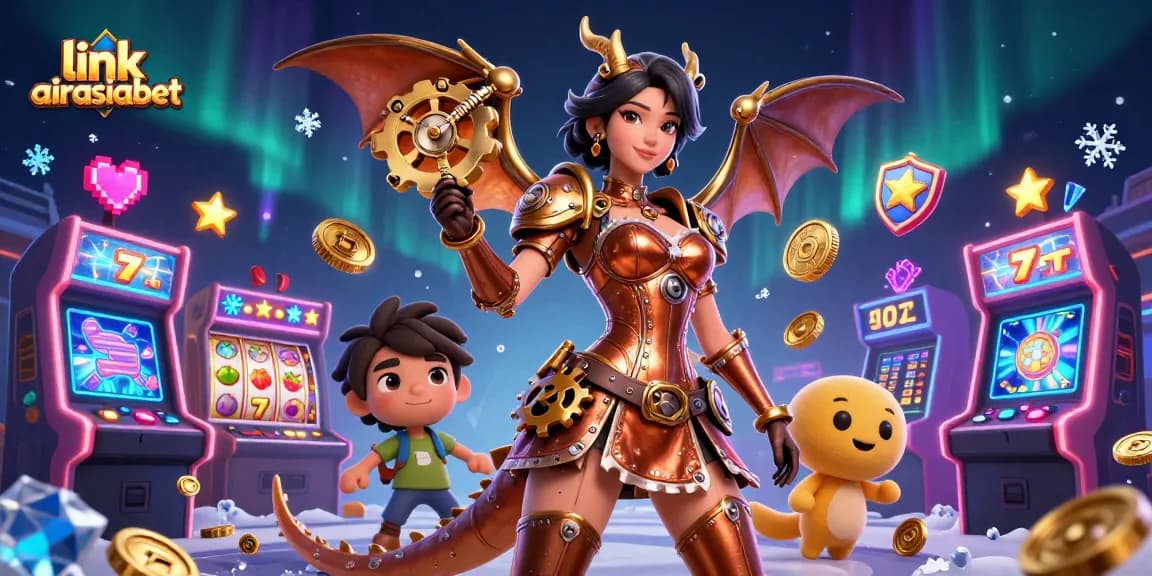 Spin to win with link airasiabet; a captivating 3D casino scene showcases vibrant slots and dragon motifs.