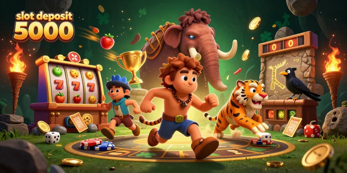 Play exciting games with the slot deposit 5000 option, featuring dynamic characters in a vibrant casino scene.