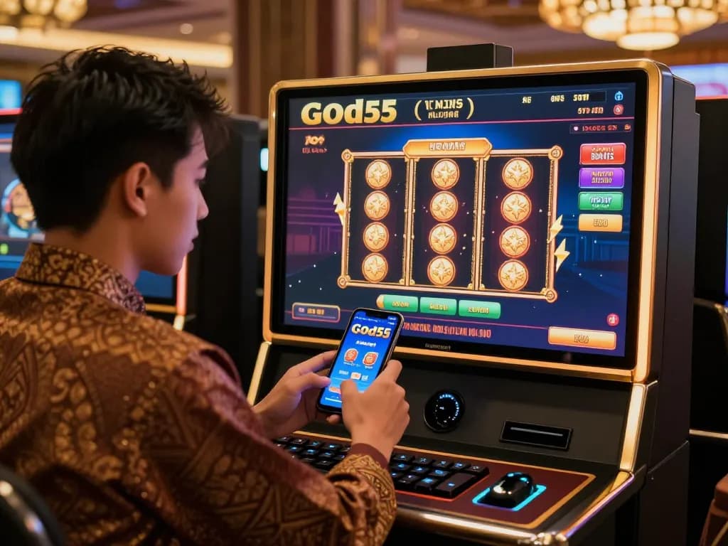 Engaged user exploring https://god55.agency/ casino games on mobile, showcasing modern interface and cultural elements.