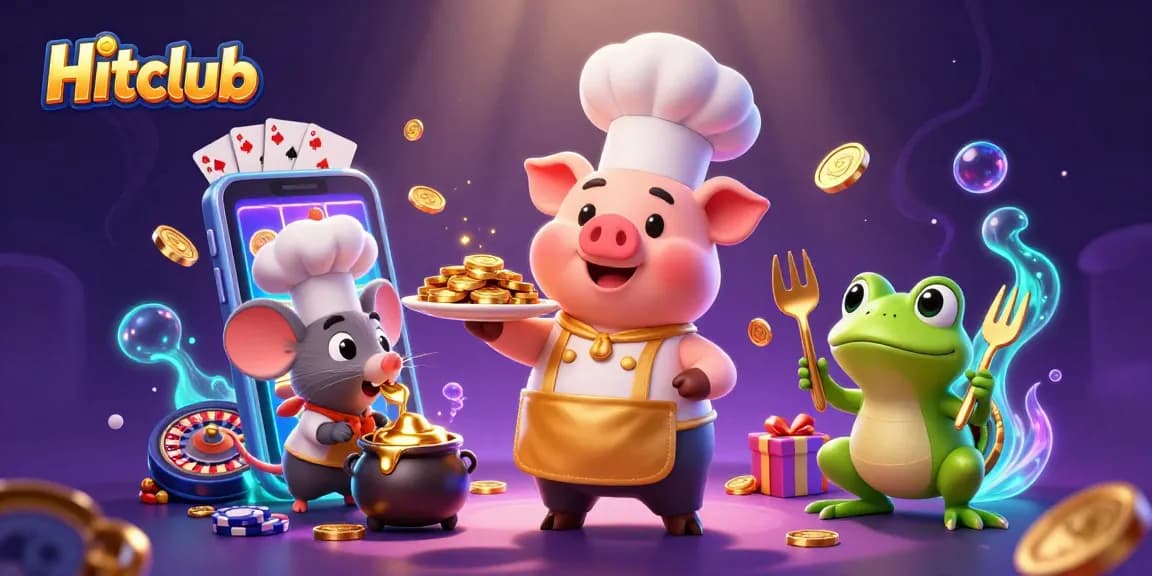 Engage with Hitclub's exciting slot game features as a chef pig presents golden treasures.