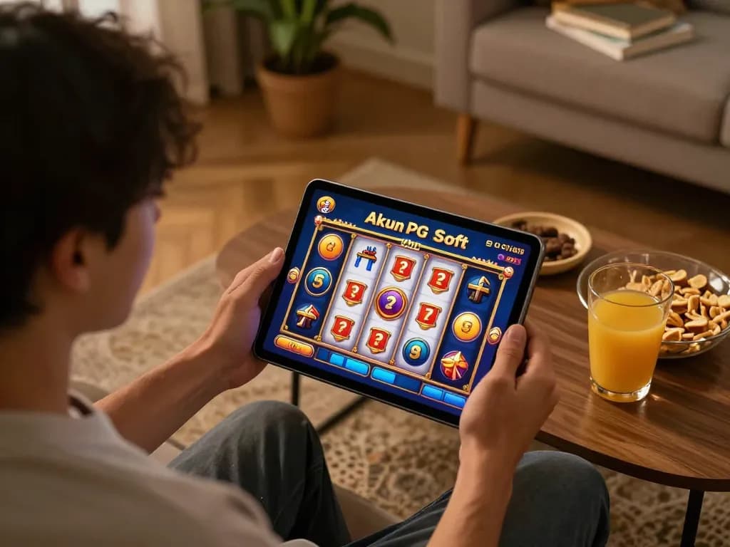 Akun Demo PG Soft dalam sesi permainan online yang menarik di tablet dengan suasana rumah yang nyaman.