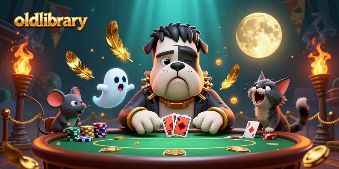 oldlibrary brings the casino vibe to life with a charming scene of a Frankenstein bulldog dealing poker cards.